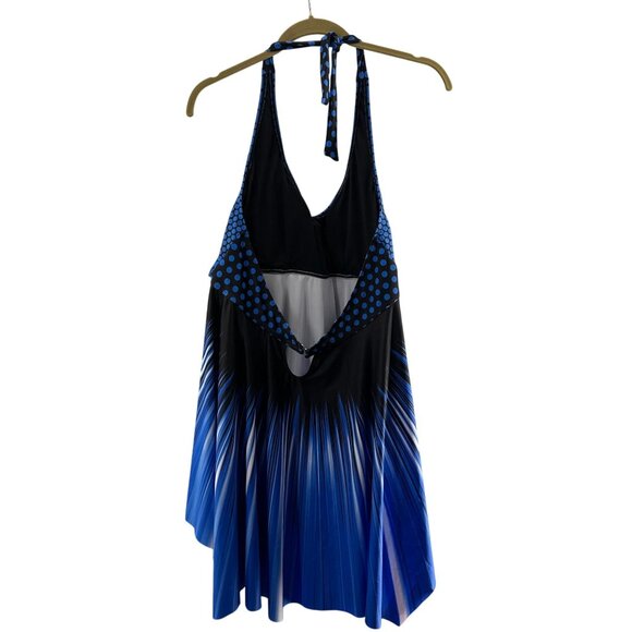 Blue & Black Halter Neck Polka Dot Swim Dress Cover-Up 2XL Beachwear Slimming - Picture 6 of 9